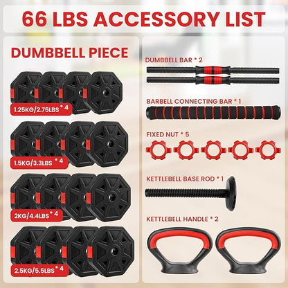 Adjustable Weights Dumbbells Set, 4 In 1 Adjustable Dumbbell Set with Connecting Rod Used as Barbell, Non-slip Handles & Base for Kettlebells 20LB/40LB/60LB Free Weights Dumbbells Set for Fitness