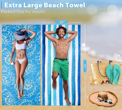 2 Pack Lightweight Thin Beach Towel Oversized 71"x32" Big Extra Large Microfiber Sand Free Towels for Adult Quick Dry Travel Camping Beach Accessories Vacation Essential Gift Blue Shell Stripe