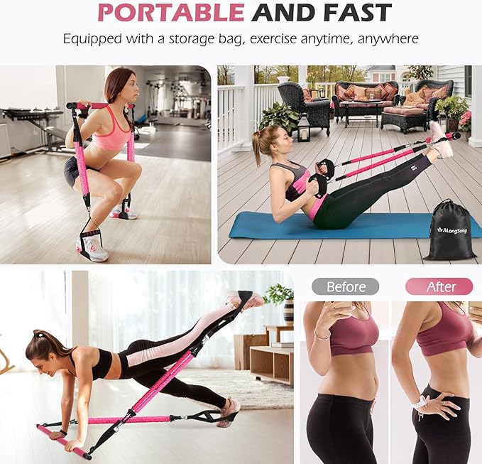 Portable Pilates Bar Kit with Resistance Bands for Women & Men, Upgraded 3 Section Multifunctional Yoga Pilates Stick for Home Gym Exercise Fitness Equipment Supports Full-Body Workouts