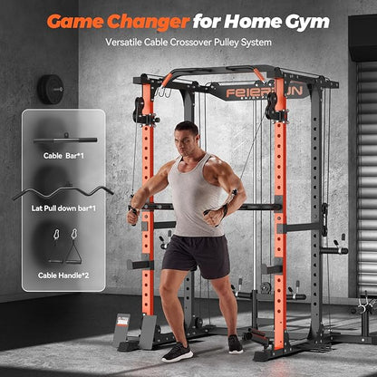 FEIERDUN Multi-Function Squat Rack Power Cage FLA01 with Cable Crossover System, 2000LBS Capacity Power Rack and Packages with Optional Weight Bench, Olympic Barbell Weight Set, for Garage & Home Gym