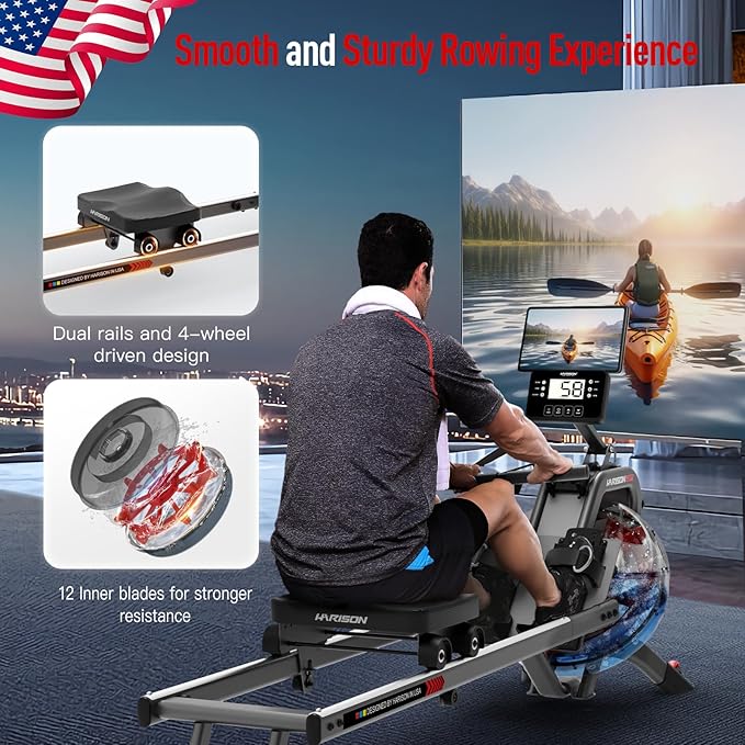 HARISON Water Rowing Machine for Home, 350 LBS Weight Capacity Foldable Rower Machine with LCD Monitor, Dual Slide Rails