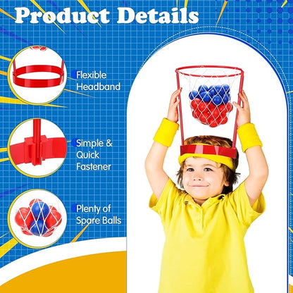 Meooeck 10 Pack Head Hoop Basketball Party Game Set for Adult Carnival Game Adjustable Basket Net Headband with 60 Ball Basketball Party Game for Boy Girl Family Birthday Indoor Outdoor Activity