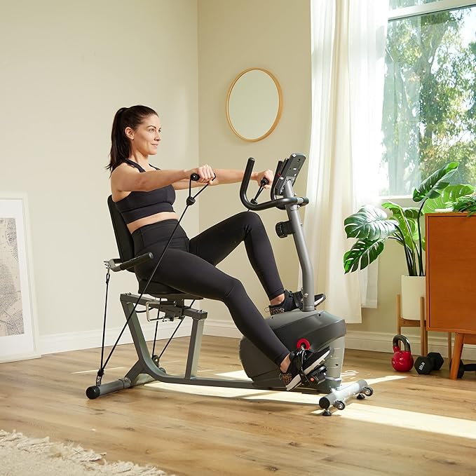 Sunny Health & Fitness Smart Magnetic Recumbent Exercise Bike with Optional SunnyFit App Bluetooth Connectivity, Full Body Workout, Large Ergonomic Seat, Bike for Adult & Seniors with Arm Exerciser