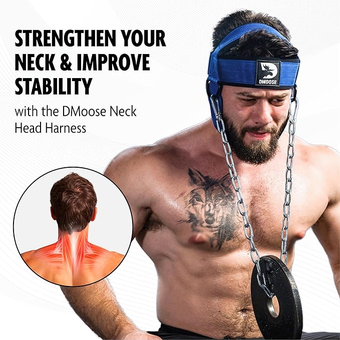 DMoose Neck Harness for Weight Lifting - 30" Heavy Duty Steel Chain - Neck Exerciser, Trainer & Strengthener for Injury Recovery Support & Workout- Adjustable Head & Chin Strap