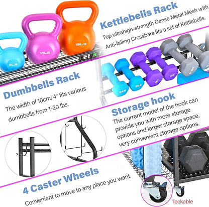 Dumbbell Rack, Yoga Mat Storage Rack - Weight Rack for Dumbbells, Home Gym Storage Rack for Yoga Mat, Dumbbells and Kettlebells, All in One Workout Equipment Storage with Caster Wheels