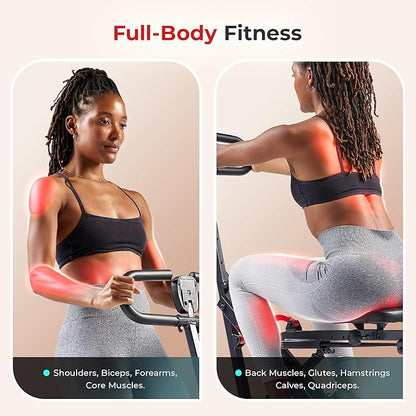 Sunny Health & Fitness Row-N-Ride Squat Assist Trainer for Glutes & Legs Workout with Adjustable Resistance, Optional Full Motion & Smart Connected Fitness App