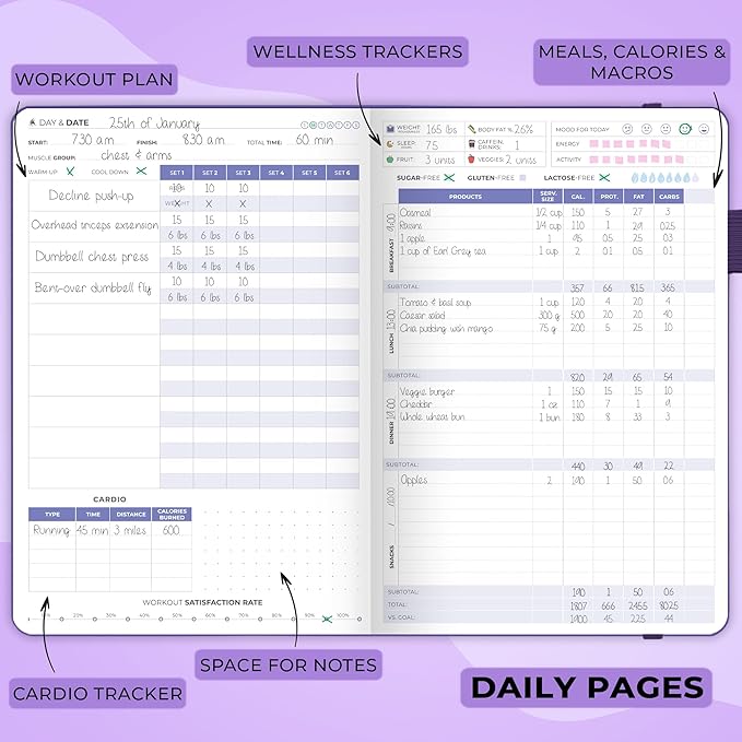 Clever Fox Fitness & Food Journal – Nutrition & Workout Planner for Women & Men – Diet & Gym Exercise Log Book with Calendars, Diet & Training Trackers - Undated, A5 Size, Hardcover (Purple)