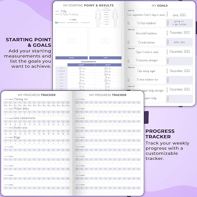 Clever Fox Fitness & Food Journal – Nutrition & Workout Planner for Women & Men – Diet & Gym Exercise Log Book with Calendars, Diet & Training Trackers - Undated, A5 Size, Hardcover (Purple)