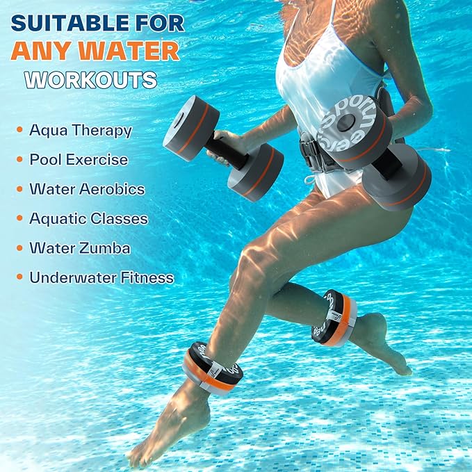 Sportneer Water Aerobics Pool Exercise Equipment New 6-Piece Water Fitness Set Includes High Density Water Weight Swim Belt Water Ankle Weights for Aqua Therapy Pool Fitness Water Exercise