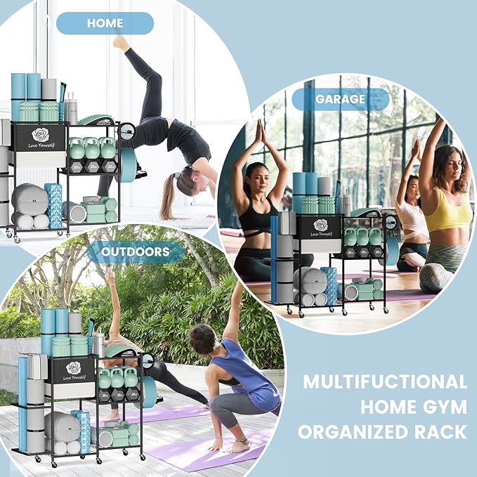 Yoga Mat Storage Rack，Home Gym Storage Rack Gym Workout Equipment Storage Organizer Fitness Weight Rack on Wheels for Yoga Mat,Yoga Block,Foam Roller,Resistance Band,Dumbbell,Kettlebell and Other Workout Accessories