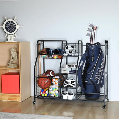 Golf Bag Storage Rack - Fits 2 Golf Bags, Garage Sports Equipment Organizer with Baskets, Garage Organizers and Storage with Hooks, Movable Ball Storage Cart with Wheel for Garage, Gym, Shed, Outdoor