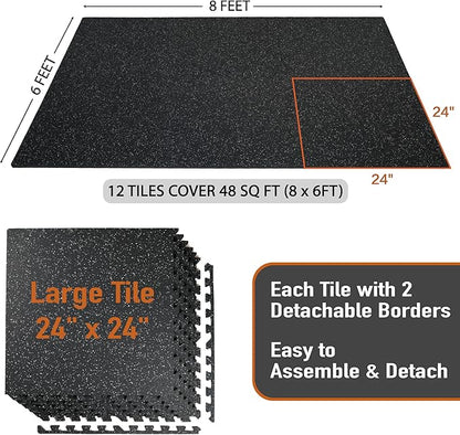 0.56in Thick 48 Sq Ft Exercise Equipment Mats, 12 Tiles Upgraded Rubber Top with High Density EVA Foam, Large Interlocking Puzzle Gym Flooring for Home Gym, Heavy Weight Workout, 24 x 24in