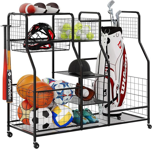 Golf Bag Storage Rack - Fits 2 Golf Bags, Garage Sports Equipment Organizer with Baskets, Garage Organizers and Storage with Hooks, Movable Ball Storage Cart with Wheel for Garage, Gym, Shed, Outdoor