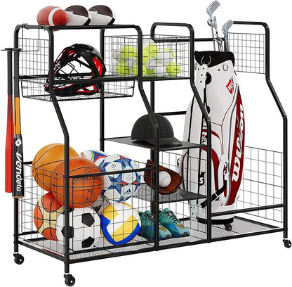 Golf Bag Storage Rack - Fits 2 Golf Bags, Garage Sports Equipment Organizer with Baskets, Garage Organizers and Storage with Hooks, Movable Ball Storage Cart with Wheel for Garage, Gym, Shed, Outdoor