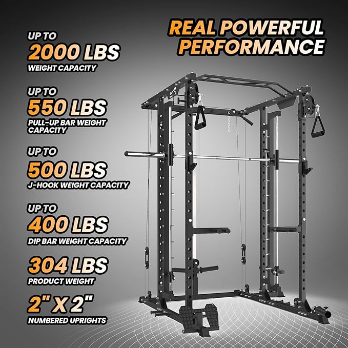 Power Cage with SmithBar, 2000 Lbs Power Rack with Cable Cross-Over System, Multi-Functional Strength Training Squat Rack with LAT Pull Down System, Weight Cage Home Gym Equipment