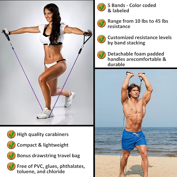 SmarterLife Resistance Bands for Working Out, Physical Therapy - Workout Bands for Women, Men - Tone Arms, Legs, Chest, Booty - 5 Exercise Bands with Handles, Ankle Straps, No-Slip Door Anchor, & Bag