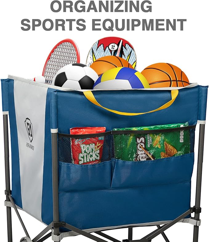 EVER ADVANCED Rolling Ball Storage Cart with Lockable Wheels, 33 x 22.8in Collapsible Garage Sports Equipment Organizer for Volleyball Basketball Tennis Toy Storage Multi-Sport Family Gym, Blue