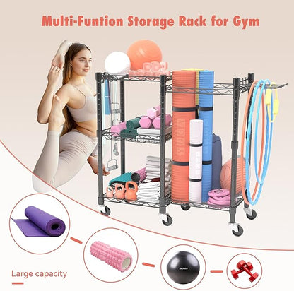 Hasipu Home Gym Storage,Weight Rack for Dumbbells,Yoga Mats and Kettlebells,Gym Shelf Organization,Gym Equipment Storage,Home Gym Organizer for Workout Exercise,Gym Storage Rack with Wheels and Hooks