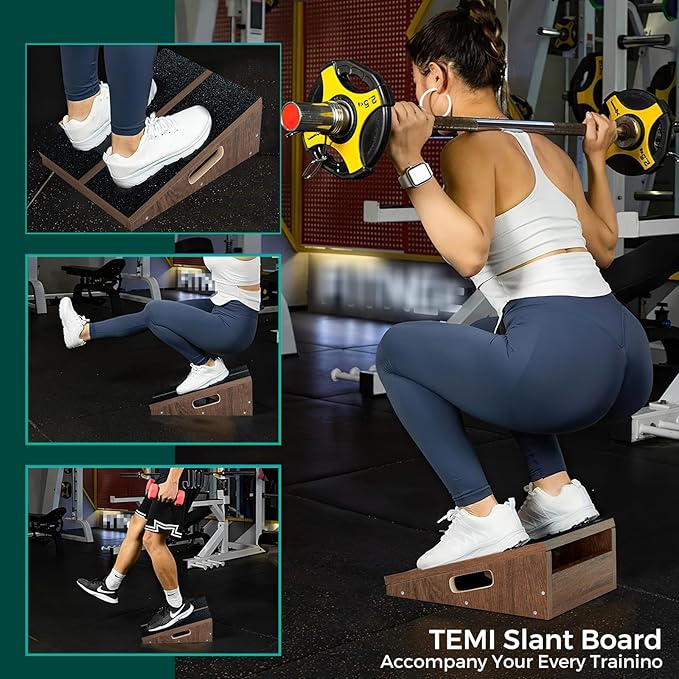 TEMI Calf Stretcher Slant Board - Professional Incline Board for Calf Stretching Heavy Duty, Adjustable Wooden Stretch Wedge Board for Foot Ankle and Calf Stretching Exercise Teak Finished