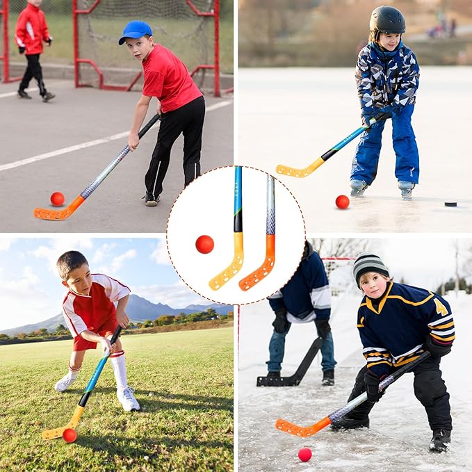 Shappy 12 Set Street Hockey Set 33 Inch Hockey Sticks Children Hockey Gear Street Hockey Ball for Kids Outdoor Indoor Floor Sports Training, Orange and Yellow