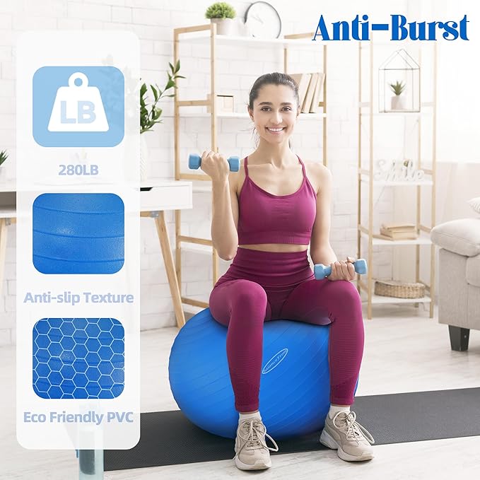 Anti-Burst and Slip Resistant Exercise Ball Yoga Ball Fitness Ball Birthing Ball with Quick Pump, 2,000-Pound Capacity, Multiple Colors and Sizes