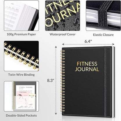 Fitness Journal Workout Planner for Men & Women, A5(6.4" x 8.3") Workout Journal Log Book Planner for Track Gym Essentials, Home Workouts, Track Progress, Achieve Goals, Black