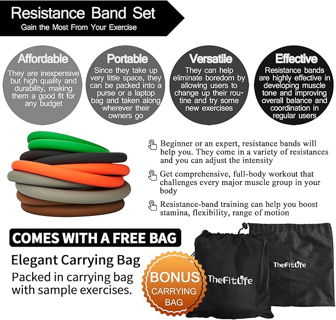 TheFitLife Exercise Resistance Bands with Handles - 5 Fitness Workout Bands Stackable up to 110/150/200/250/300 lbs, Training Tubes with Large Handles, Ankle Straps, Door Anchor, Carry Bag