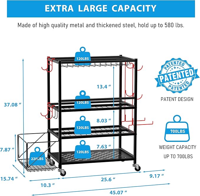 Yoga Mat Storage Rack Dumbbell Rack Home Gym Storage Rack for Yoga Mat Dumbbells Kettlebells and Foam Rollers， All-in-One Workout Exercise Equipment Storage with Wheels Hooks