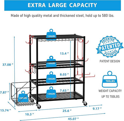 Yoga Mat Storage Rack Dumbbell Rack Home Gym Storage Rack for Yoga Mat Dumbbells Kettlebells and Foam Rollers， All-in-One Workout Exercise Equipment Storage with Wheels Hooks