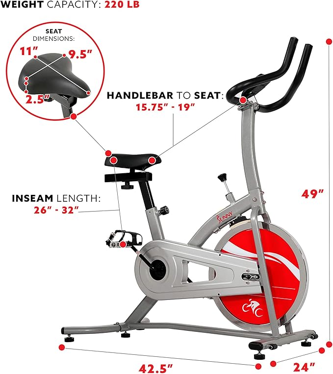 Sunny Health & Fitness Indoor Stationary Cycling Exercise Bike for Home Cardio Workout, 4-Way Adjustable & Cushioned Seat, Optional Magnetic Resistance & Exclusive SunnyFit App Enhanced Bluetooth Link