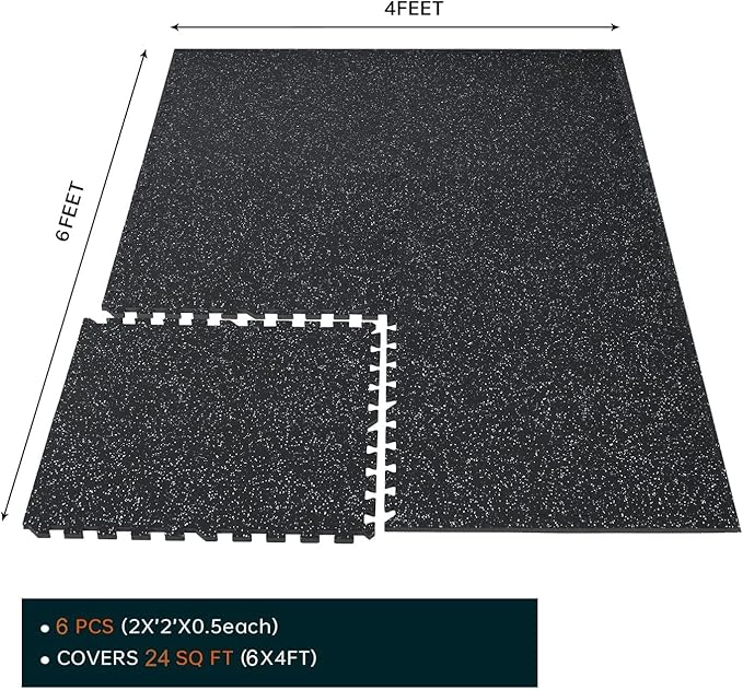 0.56 Inch Thick Gym Flooring for Home Gym with Rubber Top - 24 Sq Ft Interlocking Gym Floor Tiles - Workout Equipment Vibration Reduction Mats - 6 Pcs 24 x 24in Tile, Black & White