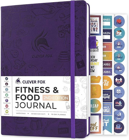 Clever Fox Fitness & Food Journal – Nutrition & Workout Planner for Women & Men – Diet & Gym Exercise Log Book with Calendars, Diet & Training Trackers - Undated, A5 Size, Hardcover (Purple)