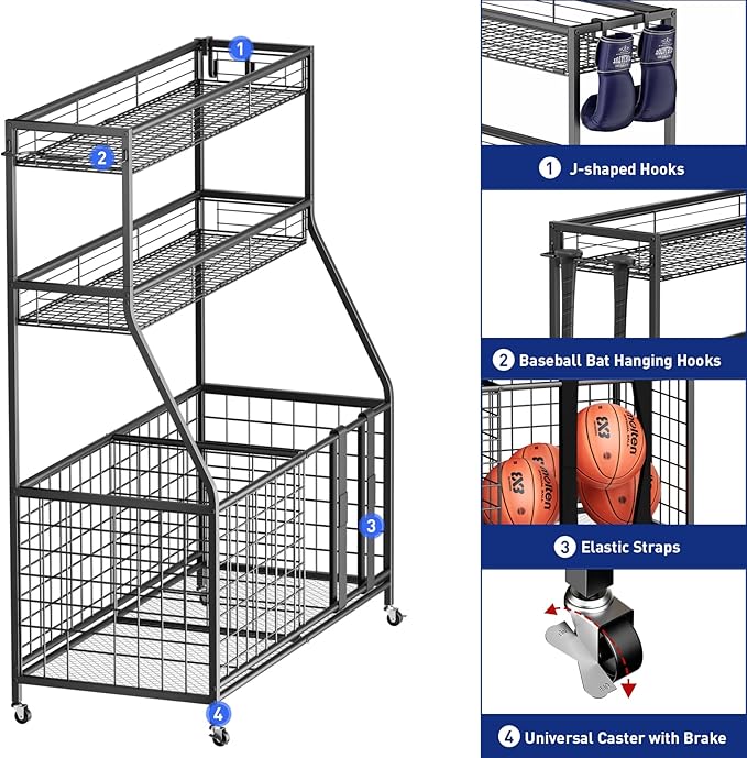 Uboway Garage Organizers and Storage - Sports Equipment Organizer with Basket and Hooks, Toys Storage Organizer, Ball Storage Rack for Basketball,Tennis Ball, Volleyball, Football, Baseball, Black