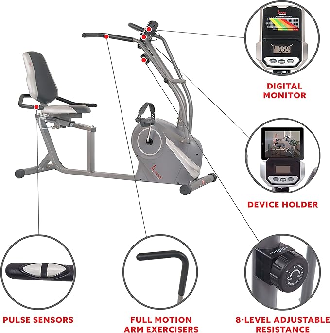 Sunny Health & Fitness Magnetic Recumbent Bike w/Adjustable Wide Cushion Seat, Home Stationary Exercise Machine for Adult/Seniors, Optional Arm Exerciser & Exclusive SunnyFit App Bluetooth Connection