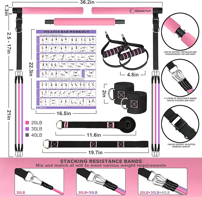 Portable Pilates Bar and Resistance Band Set with Handles. Multipurpose Home Gym, Supports Full-Body Workouts - with Fitness Poster and Video