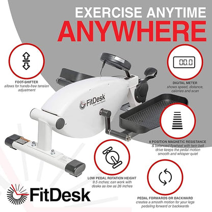 FitDesk Under Desk Bike Pedal Machine with Magnetic Resistance for Quiet, Fluid Motion - Adjustable Tension with Digital Performance Meter