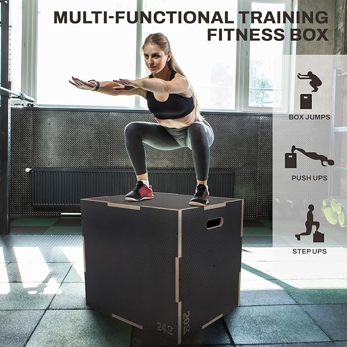 Signature Fitness 3 in 1 Non-Slip Wooden Plyo Box Plyometric Box Jumping Exercise, Multiple Sizes