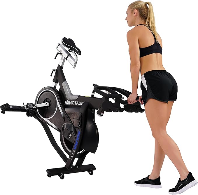 Sunny Health & Fitness ASUNA 7150 Minotaur Exercise Bike Magnetic Belt Drive Commercial Indoor Cycling Bike with 330 LB Max Weight, SPD Style/Cage Pedals and Aluminum Frame, Black