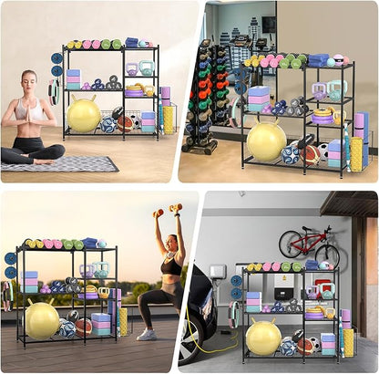 Large Home Gym Storage for Dumbbells Kettlebells Yoga Mat and Balls, Size adjustable Dumbbell Rack, All in One Workout Storage with Hooks, Weight Capacity 550 lbs