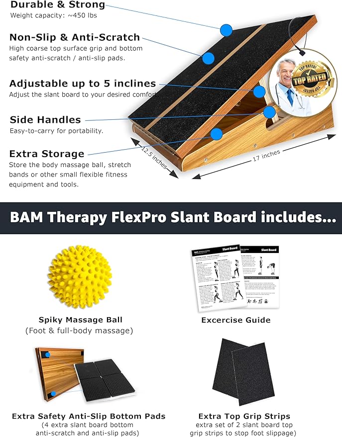 BAM Slant Board for Calf Stretching, Squats & Physical Therapy | Adjustable Calf Stretcher Board for Plantar Fasciitis Relief, Achilles & Injury Recovery | Professional Wide Incline Board