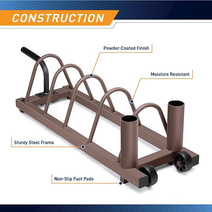 Steelbody Horizontal Plate and Olympic Bar Rack Organizer with Steel Frame and Transport Wheels STB-0130, brown 41”L x 11”W x 9.5”H