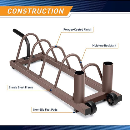 Steelbody Horizontal Plate and Olympic Bar Rack Organizer with Steel Frame and Transport Wheels STB-0130, brown 41”L x 11”W x 9.5”H