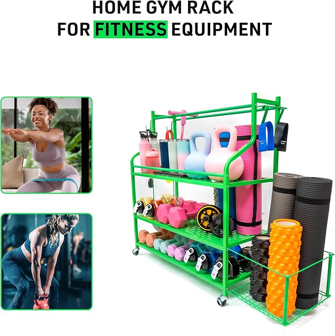 Dumbbell Rack – Weight Rack for Home Gym with Fitness Accessories – Neon Green Weight Storage Racks with Wheels – Home Gym Storage Rack with Side Basket for Dumbbells, Balls, Kettlebells