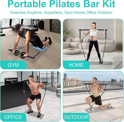 Pilates Bar Kit with Resistance Bands for Working Out, Pilates Equipment with Ab Roller for All Fitness Levels, Portable Home Gym Full Body Workout Equipment for Women&Men