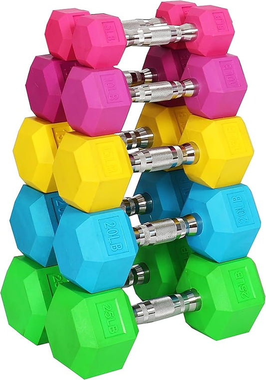 Signature Fitness Colored Rubber Coated Hex Dumbbell Weight Set,Multiple Packages