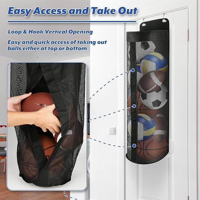 Cosmos Over Door Hanging Ball Storage Organizer Home Sports Equipment Storage Net Bag Garage Sports Accessories Hanging Bag for Holding Basketball Football Soccer Volleyball, with 2 Pcs Metal Hooks