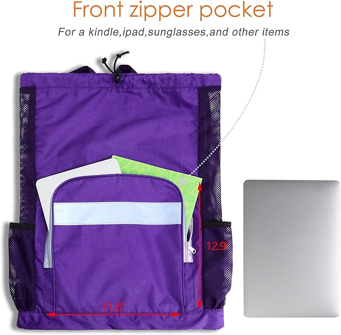 BeeGreen Gym Bag Drawstring Backpack With Zipper Pocket Swim Bag for Men Women Swimmers Sports Bag for Beach Pool Workout Gifts With 2 Mesh Pockets Cinch Bag Dark Purple