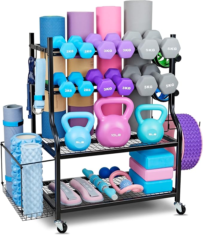 Dumbbell Rack, Yoga Mat Storage Rack - Weight Rack for Dumbbells, Home Gym Storage Rack for Yoga Mat, Dumbbells and Kettlebells, All in One Workout Equipment Storage with Caster Wheels