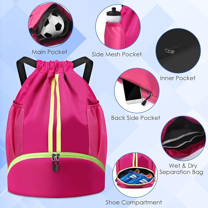 BROTOU Soccer Bags, Football Backpack, Volleyball Bag, Drawstring Soccer Backpack with Ball and Shoe Compartment