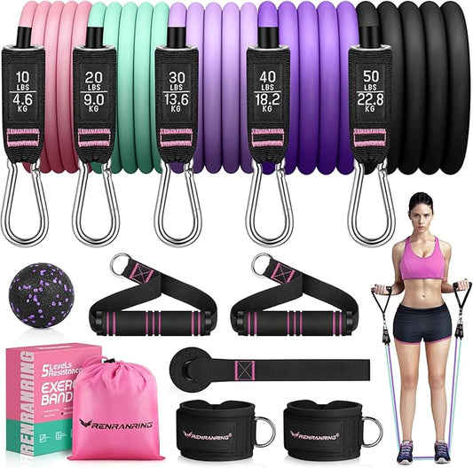 RENRANRING Resistance Bands for Working Out, 150LBS Exercise Bands, Workout Bands, Resistance Bands Set with Handles for Men Women, Legs Ankle Straps for Muscle Training